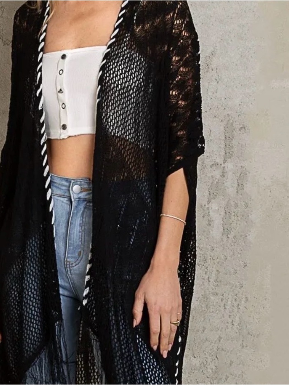 POL Black Boho Fringe Kimono Open Cardigan Festival Duster